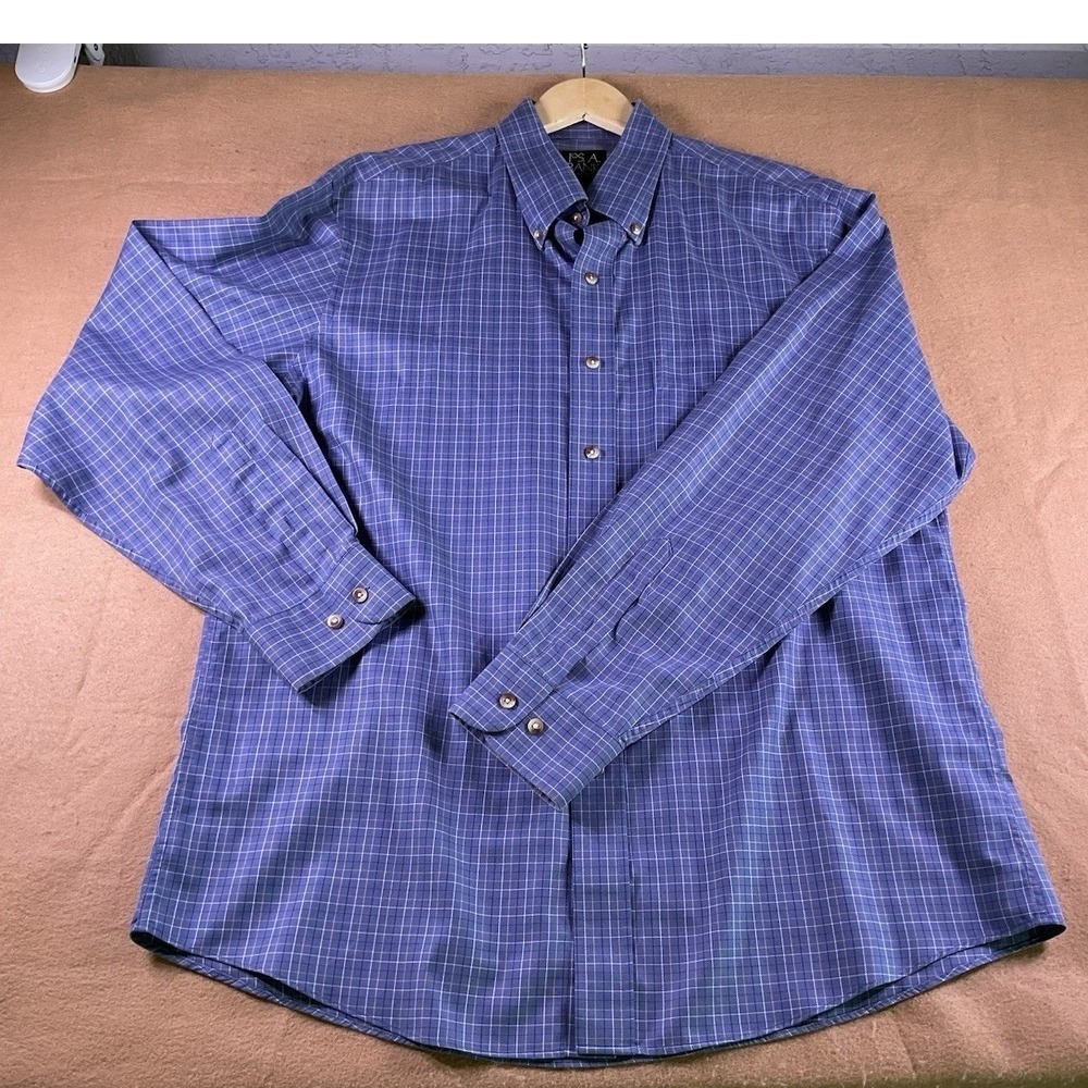 Jos. A. Bank Traveler's Collection Blue Plaid Tailored Fit Cotton Shirt Mens L